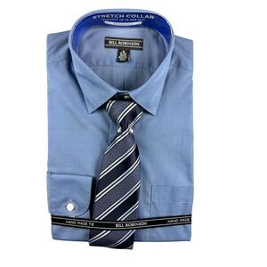 Bill Robinson Dress Shirt Men's Medium 15-15.5 32/33 Blue Stretch Collar Tie NWT